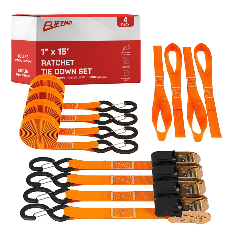 Kit de amarre de trinquete de 1 ″ x 15 "con bucles suaves （4 paquetes））
